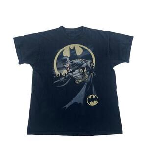Batman Vintage Style Graphic T-Shirt Black Faded Logo Tee XL Minor Bleach Spot